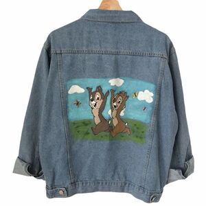 Light Wash Denim Jacket with Front Pockets Hand Painted Chipmunks in Size Small